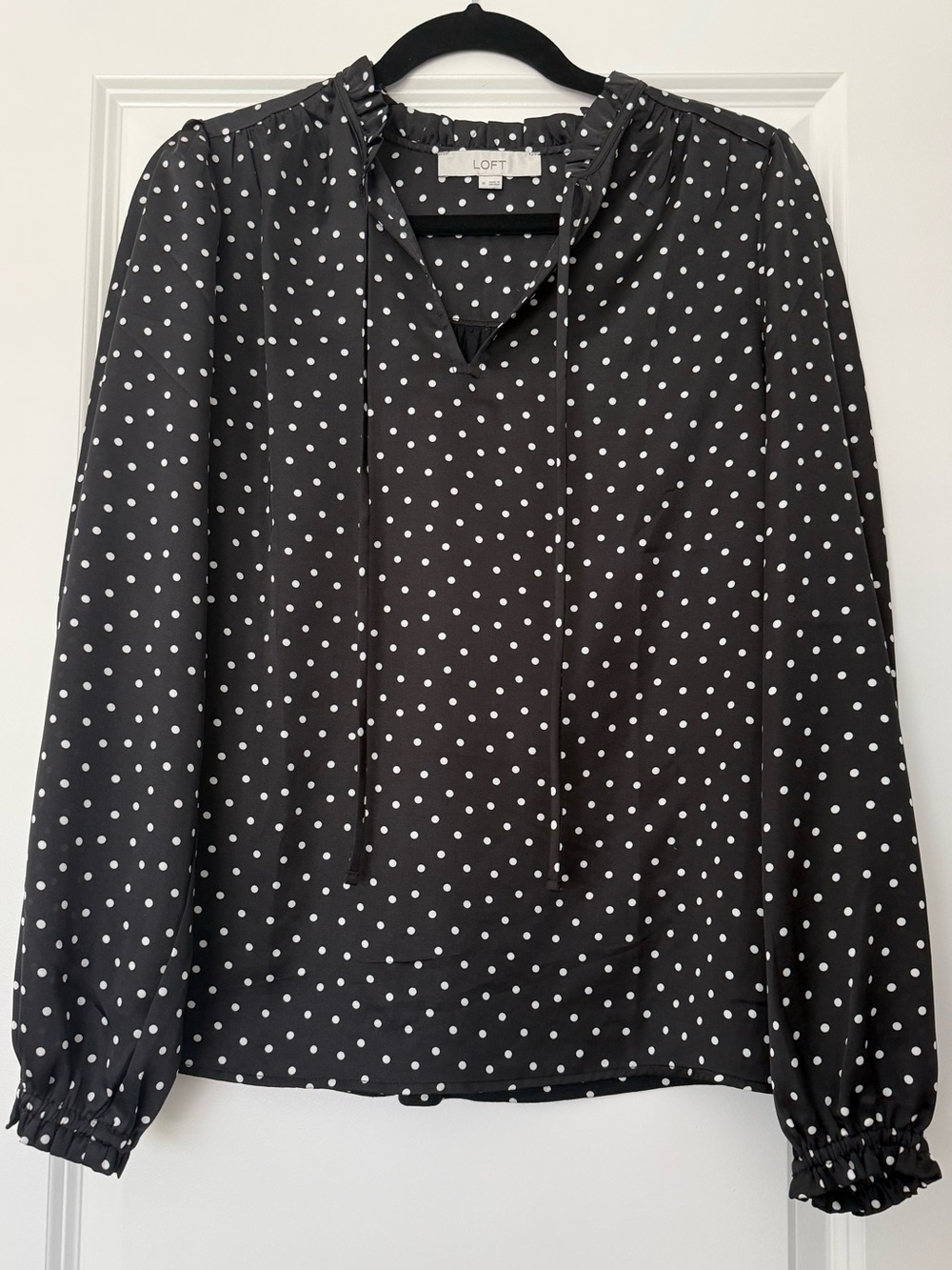 LOFT Black & White Polka Dot Ruffle Tie-Neck Blouse